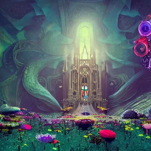 Prompt: a centered render of intricate modular synthesizer of alice in wonderland, shining its light across a tumultuous sea of flowers, undersea animals and gothic crystal church and robots and tunnels by dorothea tanning and salvador dali, trending on artstation, cyber punk, octane render, high detailed, human : - 2, blur : - 2, depth of field : - 2