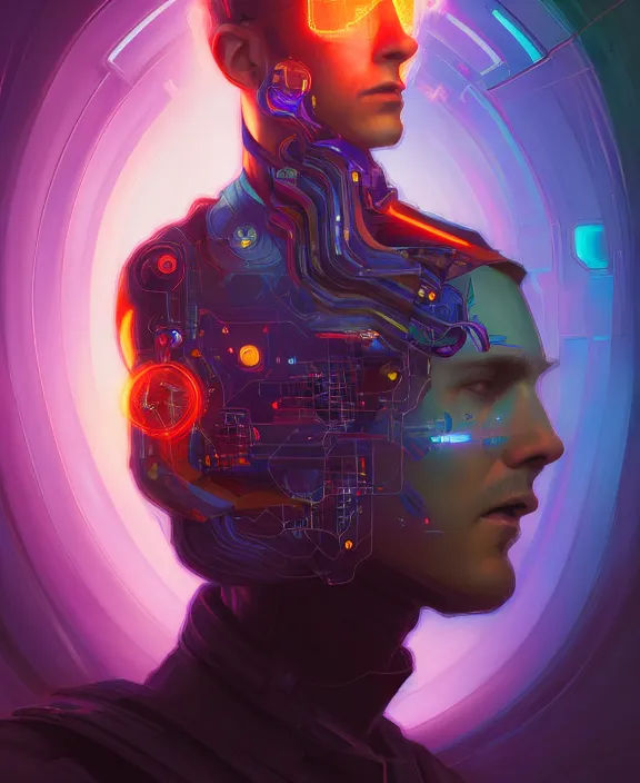 Image similar to a whirlwind inside the metaverse, guy, male, man, hologram, half body, neurochip, android, cyborg, cyberpunk face, by loish, d & d, fantasy, intricate, elegant, highly detailed, colorful, digital painting, artstation, concept art, art by artgerm and greg rutkowski and alphonse mucha