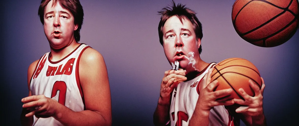 Image similar to award winning photo of bill hicks playing basketball in the hood and smoking weed, vivid colors, happy, symmetrical face, beautiful eyes, studio lighting, wide shot art by Sally Mann & Arnold Newman