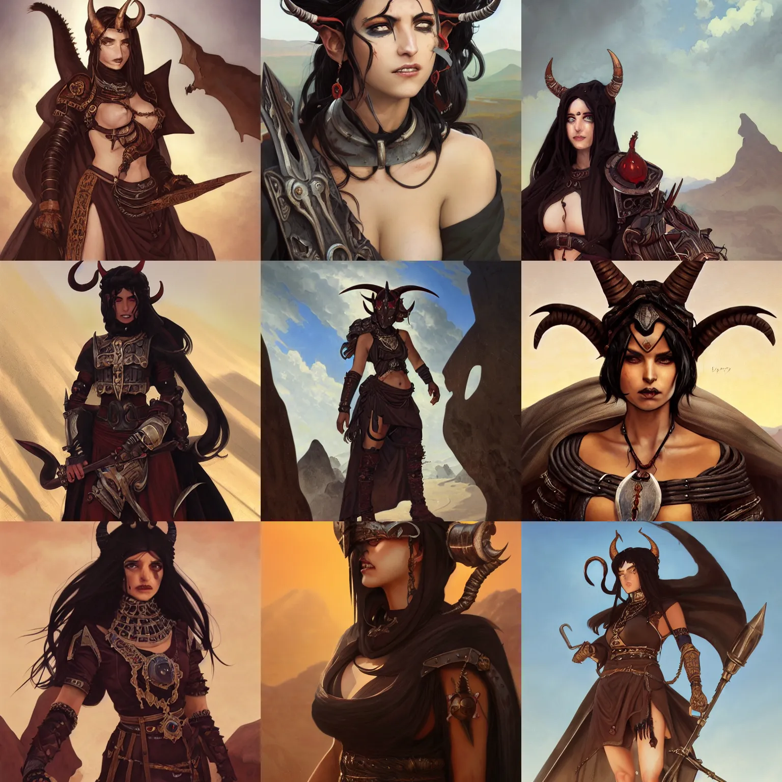 Prompt: portrait of a berber tiefling woman with devil horns and black hair wearing a steel chestplate in a desert, fantasy, seinen, highly detailed, digital painting, pixiv, concept art, character art, art by greg rutkowski, tyler jacobson, alphonse mucha, ross tran and makoto shinkai