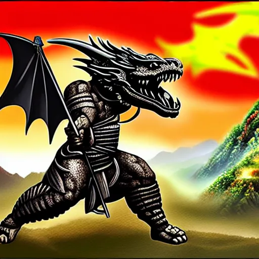 Prompt: Chinese president, battle, bananas weapon, dragon, mountains background, fighting stance, painting