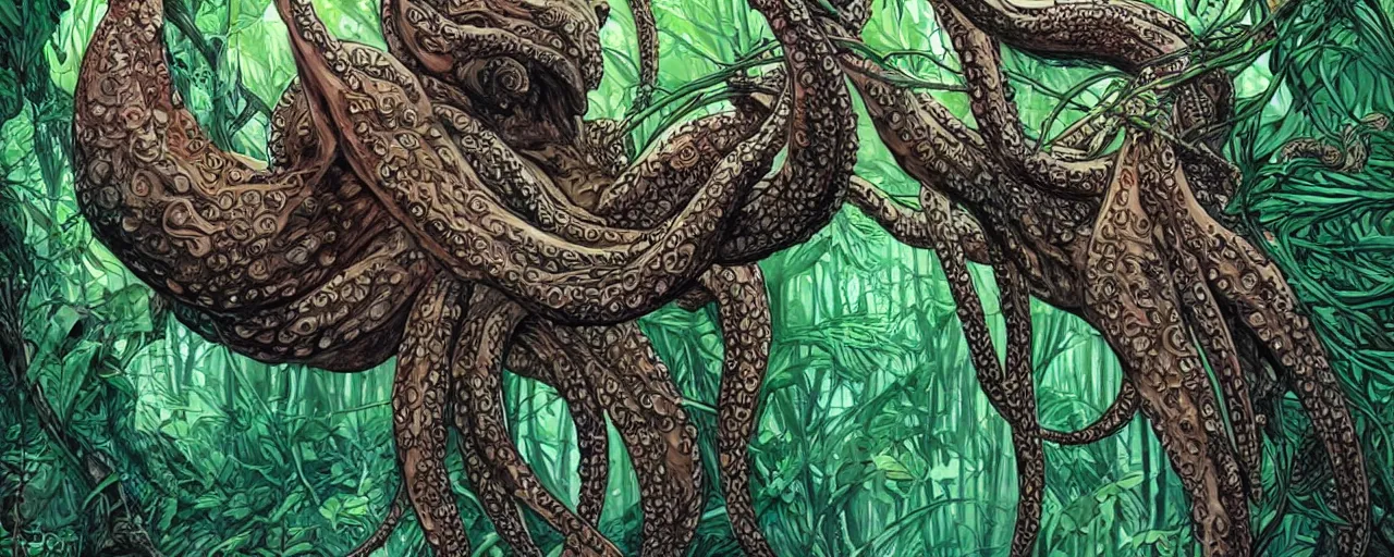 Image similar to Portrait of a large octopus creature swinging between trees in a jungle, intricate, elegant, highly detailed, smooth, sharp focus, detailed face, high contrast, bold warm and cool colour palette, graphic novel, art by Ardian Syaf and Pepe Larraz,