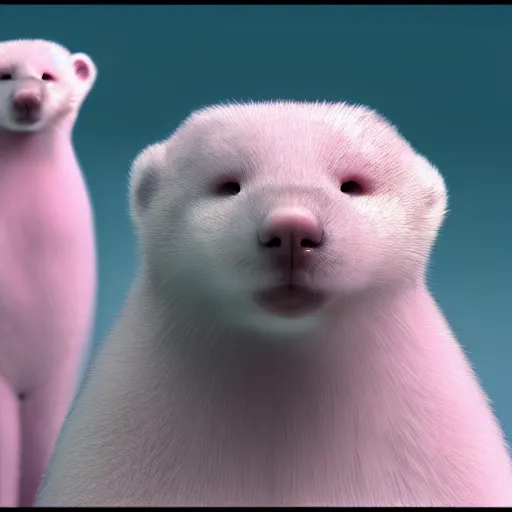 Image similar to white mink with necklace of pink bacteria, unreal engine, staring at camera, matte background, high symmetry, 8k