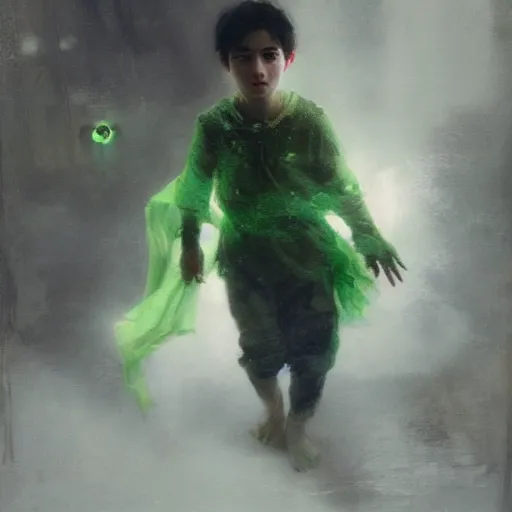 Image similar to a young boy of just 14 with snow white hair and glowing green eyes who can walk through walls, disappear, and fly. Ruan Jia