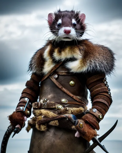 Image similar to ferret warrior, furry, fantasy, viking, high detailed, photography, cloudy, lightweight leather armour, scandinavia, plain, detailed face, look into the distance, serious face, full body, in full growth, professional photographer, masterpiece, 5 0 mm, extremely detailed, 8 k