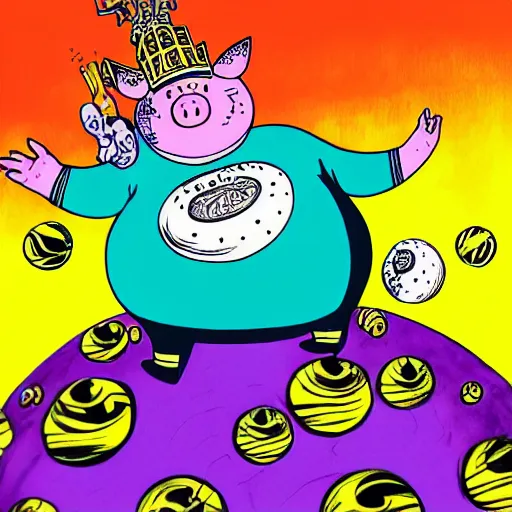 Image similar to trippy comic art of a obese pig wearing a gold crown throwing tan paper balls into the air, drawn by Martin Rowson, Tim Burton, Studio Ghibli, Alex Pardee, Nekro Petros Afshar, James McDermott, colors by lisa frank, unstirred paint, vivid color, cgsociety 4K