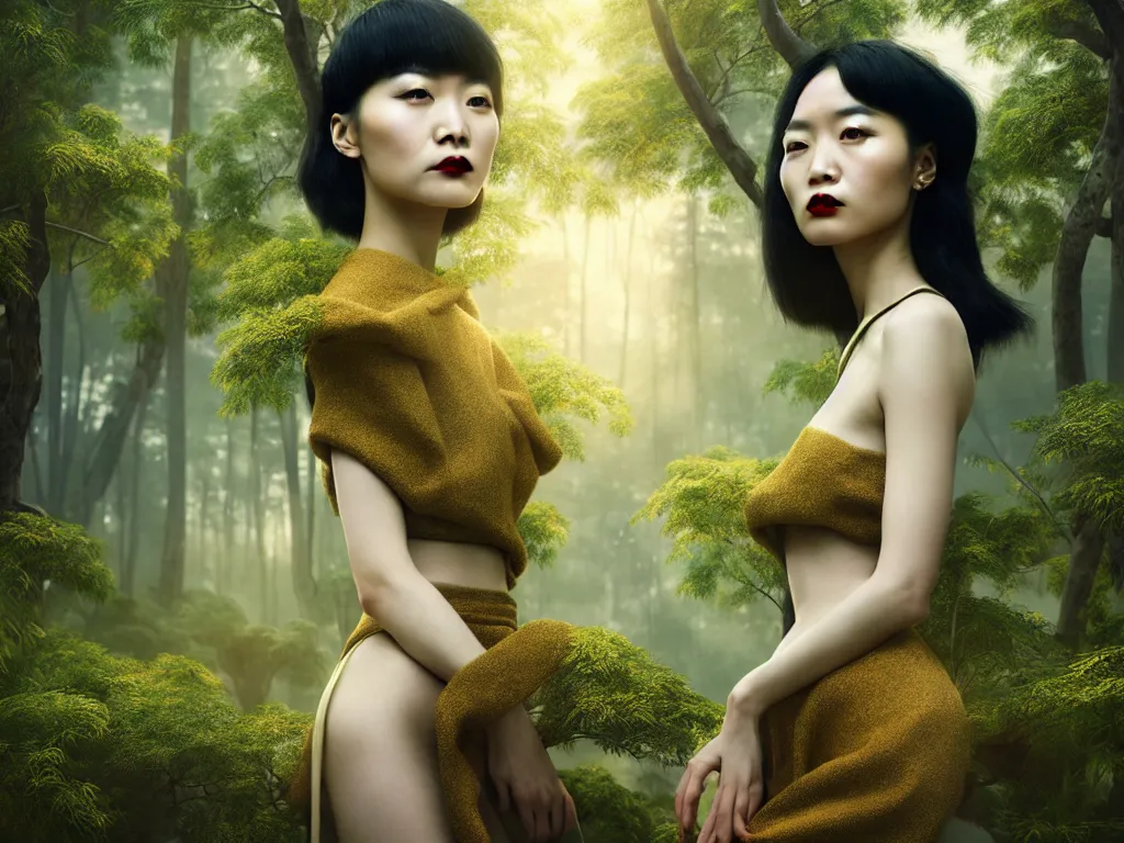 Image similar to innovative avant-garde art, deco fashion, asian women, highly detailed, photorealistic portrait, serene forest setting, crisp quality and light reflections, octane render