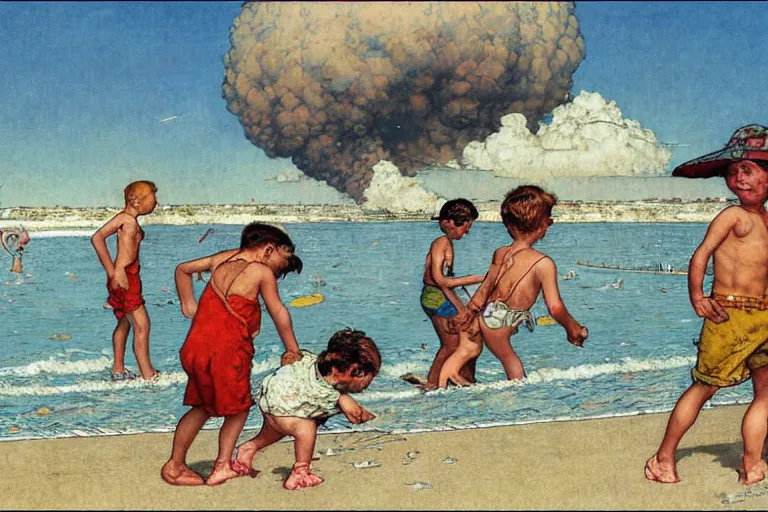 Image similar to children playing at the beach, huge atomic explosion in the background, wide angle shot, detailed, by norman rockwell, by mattias adolfsson, by moebius, oil on canvas,