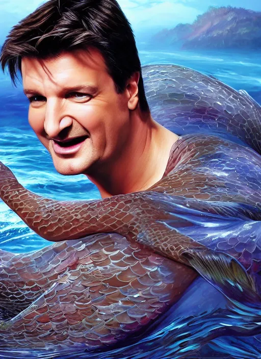 Image similar to full length photo of Nathan Fillion as a mermaid in the style of stefan kostic, full slim body, screaming. not realistic, sharp focus, 8k high definition, insanely detailed, intricate, elegant, art by stanley lau and artgerm