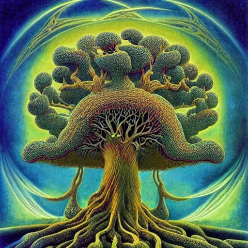 Image similar to sacred ancient ancestral mulberry tree by roger dean and andrew ferez, art forms of nature by ernst haeckel, divine chaos engine, symbolist, visionary, art nouveau, botanical fractal structures, tree of life, lightning bolts, heimat, detailed, realistic, surreality