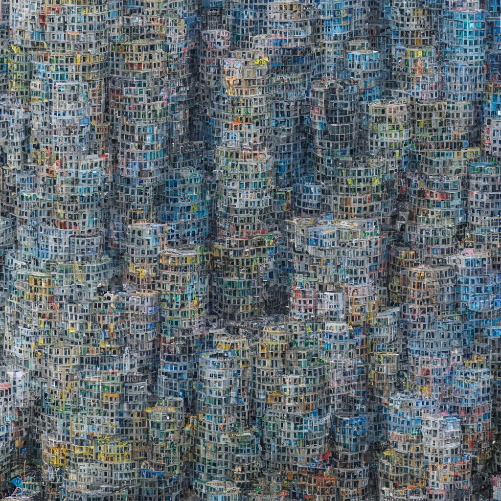 Image similar to a circular tower, made up of colourful makeshift squatter shacks in city downtown, dystopia, sony a 7 r 3, f 1 1, fully frontal view, ultra detailed, photographed by hiroshi sugimoto and,