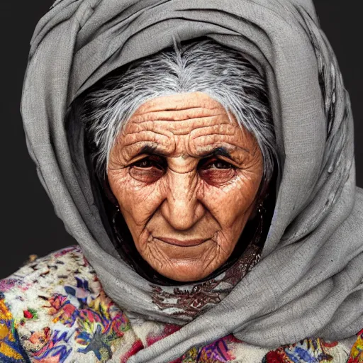 Image similar to hyperrealistic mixed media high resolution image of a beautiful Kurdish grandmother, stunning 3d render inspired art by István Sándorfi and Greg Rutkowski and Unreal Engine, perfect symmetry, dim volumetric lighting, 8k octane beautifully detailed render, post-processing, extremely hyper-detailed, intricate, epic composition, highly detailed attributes, highly detailed atmosphere, full body shot, cinematic lighting, masterpiece, trending on artstation, very very detailed, masterpiece, stunning, flawless structure, lifelike texture, perfection,