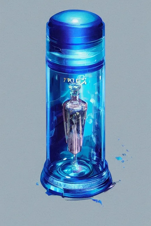 Prompt: concept art of a rolex - star wars blue magenta iridescent liquid dietary supplement in a transparent bottle with big black sticker on it by aenaluck, artgerm and roberto ferri and greg rutkowski, blue and white tones, digital painting, artstation, concept art, smooth, sharp foccus ilustration hq