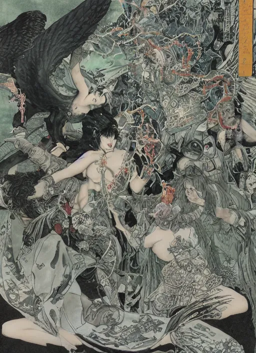 Image similar to battle between good and evil , battle between angels and demons, by and Austin Osman Spare and Takato Yamamoto and Yoshitaka Amano, high resolution, ultra detailed