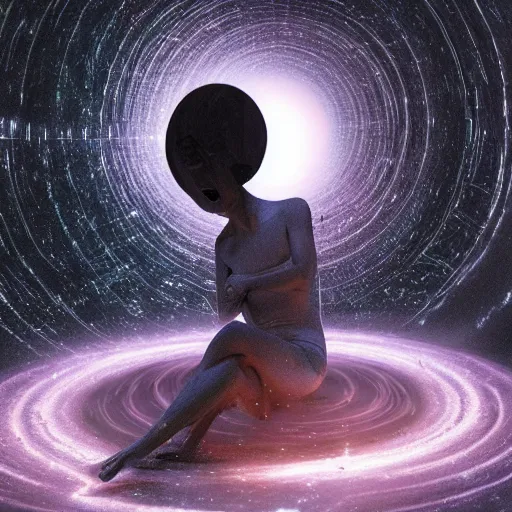 Image similar to an ethereal figure getting delicately pulled and spaghettified into a blackhole, gravitational lenses, photons, dimples, fantasy, hyperrealism, 4k, volumetric lighting,a digitally transformed world, three dimensions, UI design, art by Andrew Chiampo, Frederik Heyman