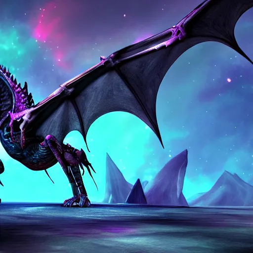 Prompt: Dragon Creepy cosmic color scheme Skeleton Unreal Engine Full Image
