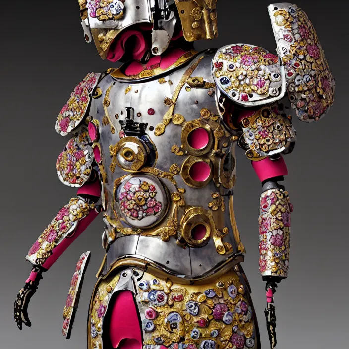 Image similar to ceramic cyborg, armor with Kakiemon design with plums and stylized flowers in glaze and gilding Edo period 1670–1690, diffuse lighting, fantasy, intricate, elegant, highly detailed, lifelike, photorealistic, digital painting, artstation, illustration, concept art, smooth, sharp focus, art by John Collier and Albert Aublet and Krenz Cushart and Artem Demura and Alphonse Mucha