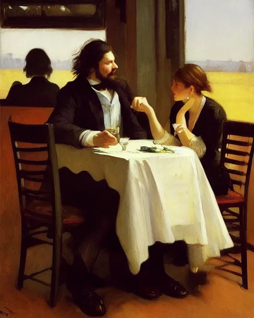 Image similar to a guy and a girl on a date in a restaurant, art by greg rutkowski, gustave courbet, rosa bonheur, edward hopper. faithfully depicted facial expression, perfect anatomy, sharp focus, global illumination, radiant light, detailed and intricate environment, trending on artstation