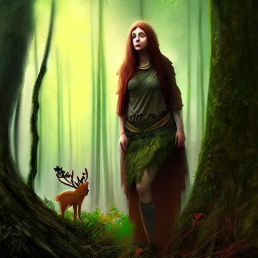 Image similar to a female woodland druid surrounded by forest animals, in the woods, hyper realistic, digital painting, photorealistic, in the style of greg rutkowski, detailed