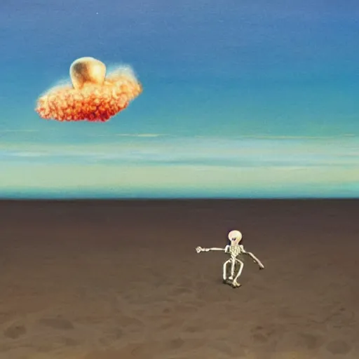 Image similar to a skeleton walking on a beach next to the ocean with nuclear bomb explosion in the background, a naturalism painting by Storm Thorgerson, featured on cg society, matte painting, realistic, chillwave, anatomically correct, light colors, photo-realistic mushroom-cloud in the background