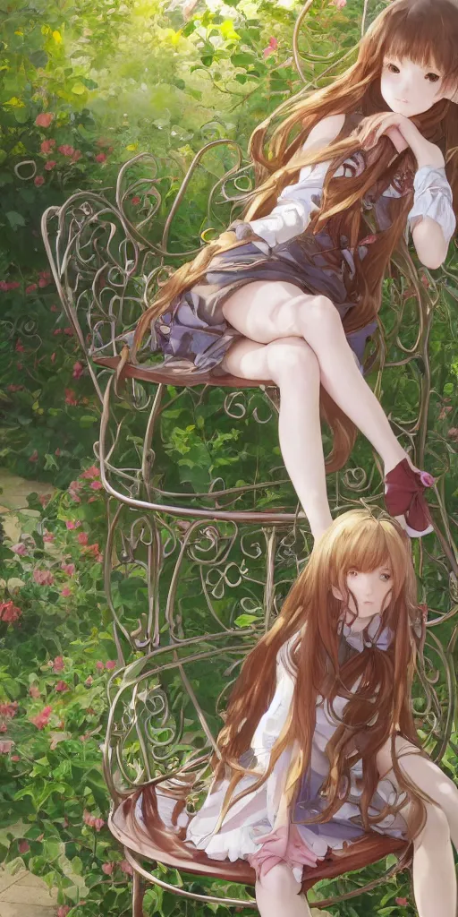 Image similar to a close up of a loli with long hair in a dress sitting on a metal garden chair in the privet garden at afternoon, green and warm theme, back lighting, by krenz cushart and mucha and akihito yoshida and greg rutkowski and makoto shinkai and studio ghibli, detailed eyes, 4 k resolution, trending on art station