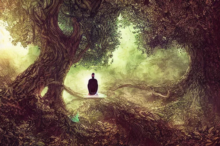 Prompt: a man meditating under a tree by android jones,