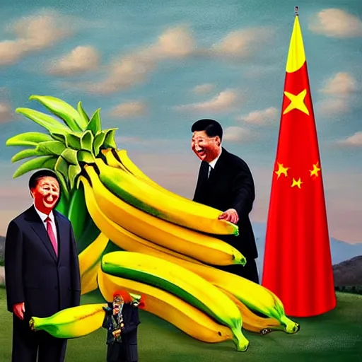 Prompt: Chinese president with bananas, dragon, fight, flaming mountain, painting