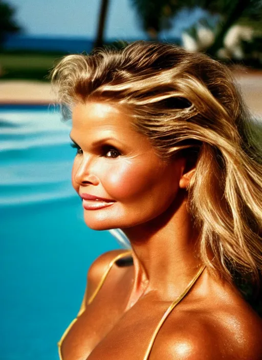 Image similar to A close up head portrait photography of female swimsuit model, Christie Brinkley, in a gold one piece swimsuit, swimming pool in background. by Cameron Hammond. 1980s magazine style. Cinematic. Natural Light Golden Hour, Kodak Portra 400. Lens flare. 85mm, ƒ1.8