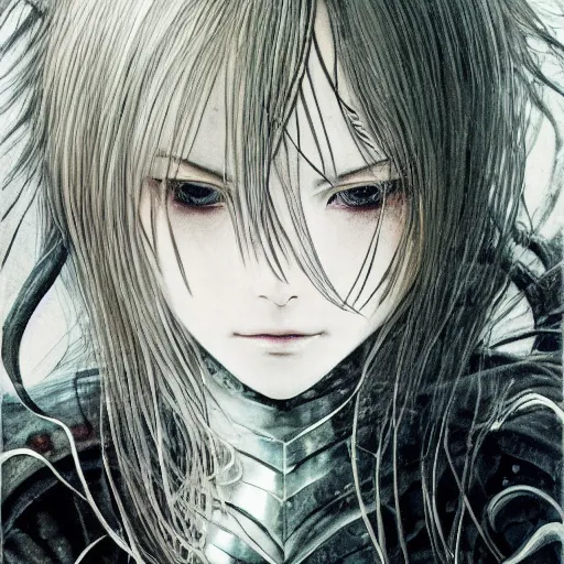 Image similar to Yoshitaka Amano blurred and dreamy illustration of an anime girl with black eyes, wavy white hair and cracks on her face wearing elden ring armour with the cape fluttering in the wind, abstract black and white patterns on the background, noisy film grain effect, highly detailed, Renaissance oil painting, weird portrait angle