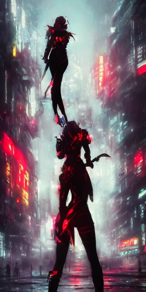 Image similar to back shot of one beautiful girl warrior in punk jacket gazing back into distance land, holding two swords that glows in neon red. standing on wet road, digital art by wlop. artstation contest winner, cinematic paint. lower shot. dramatic cloud and ruined city in background. blade runner