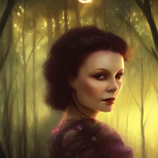 Prompt: a closeup portrait of vivian leigh, magical forest background, gorgeous view, sunset, film noir, depth, by seb mckinnon, by greg rutkowski, by igor kieryluk, digital art, trending on artstation