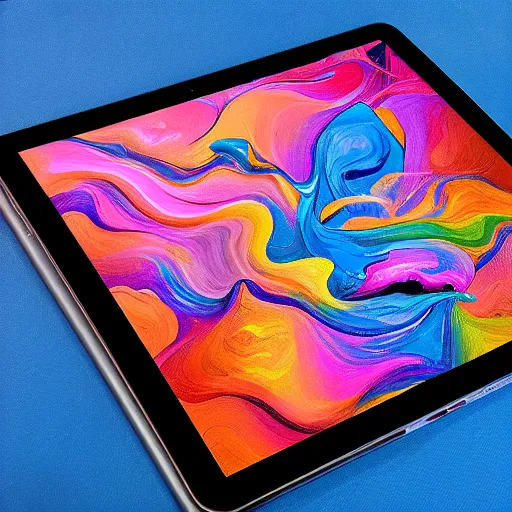 Prompt: a silver iPad Pro made of colored gouache impasto color swirls and vibrant colored smoke explosion puffs