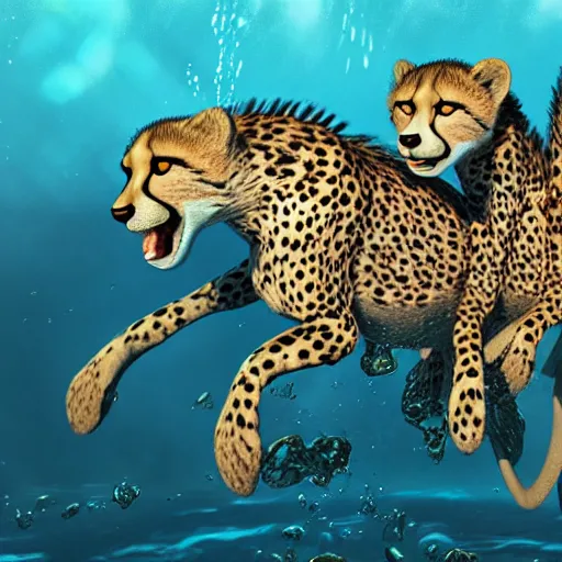 Prompt: Group of cheetahs running underwater, Artstation Trending, cgsociety, high quality, very coherent, ultra realism, high definition, post processing, unreal engine, 8k, high resolution, octane render, 4k UHD, photographic, digital art, art by uroš golubović artstation + bobryshev aleksandr artstation + ranulf busby doku artstation + echo lima artstation