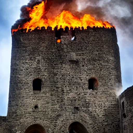 Prompt: Siege of a burning medieval castle, XF IQ4, 150MP, 50mm, f/1.4, ISO 200, 1/160s, natural light, Adobe Photoshop, Adobe Lightroom, DxO Photolab, polarizing filter, Sense of Depth, AI enhanced, HDR