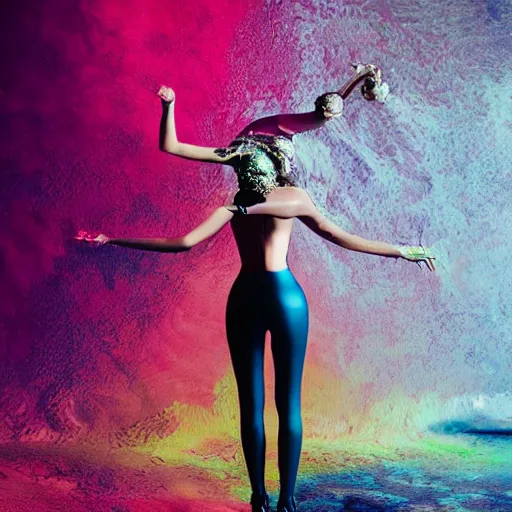 Prompt: flume and former cover art future bassgirl unwrapped statue bust curls of hair petite lush body act photography model body art futuristic two girls hug skin material style of Jonathan Zawada and Thisset colours legs playing