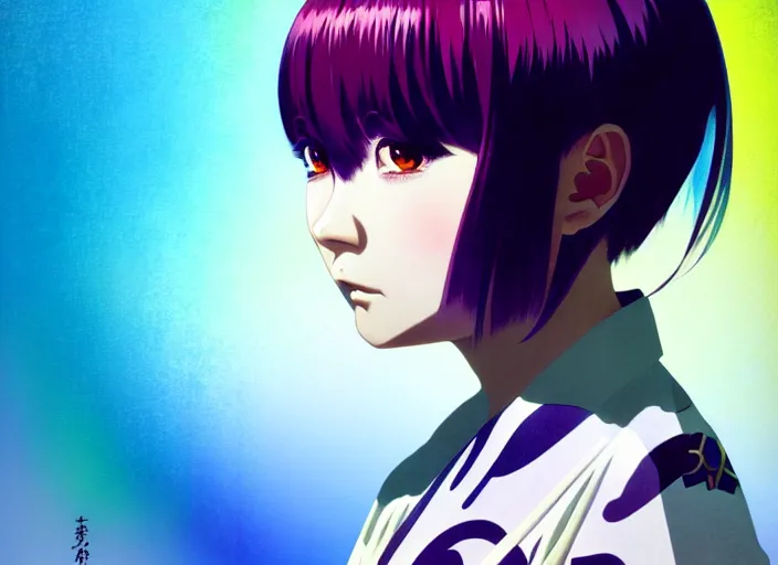 Image similar to ilya kuvshinov editorial illustration colorful anime portrait of shiina ringo, murata range, blue submarine no 6, manga, fine texture, detailed, perfect anime face, dramatic lighting, film grain, textured brush strokes, dynamic composition, moody, vivid, volumetric light, alphonse mucha, last exile, fine stippled lighting, tsuruta kenji