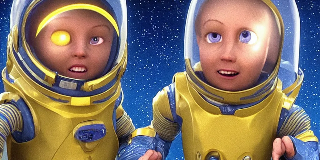 Image similar to lightning bug descendant 1 million in the future has hands and a mouth with big eyes. the bug wears a spacesuit, and explores the cosmos in a spaceship. science fiction blockbuster movie bugs save the planet or the bug from saturn, silent running ( film ), sttng ( television ), arrival ( film ), lightyear ( film )