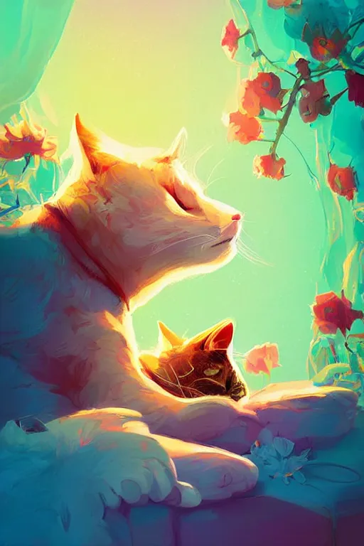 Image similar to a digital art of a cat sleeping in the room with flowers around in the afternoon, the sun shines in, animal, light effect, highly detailed, by anton fadeev