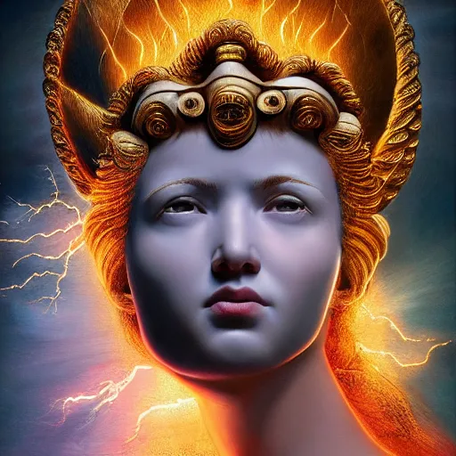 Image similar to Bright explosive Birth of Athena from the head of lightning god Zeus, hyperrealism, no blur, 4k resolution, ultra detailed,