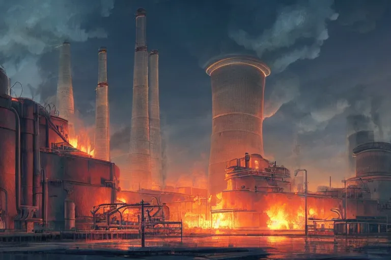 Prompt: a highly detailed matte painting of a soviet steampunk nuclear power plant on fire at night by studio ghibli, makoto shinkai, by artgerm, by wlop, by greg rutkowski, volumetric lighting, octane render, 4 k resolution, trending on artstation, masterpiece