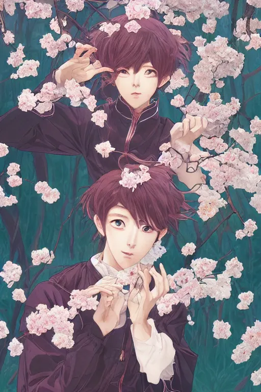 Image similar to anime cottagecore BTS k-pop band, phone wallpaper. intricate, elegant. the background is cherry blossoms !. highly detailed, digital painting, artstation, concept art, smooth, sharp, focus, illustration. . art by artgerm and greg rutkowski and alphonse mucha, in the style of japanese manga