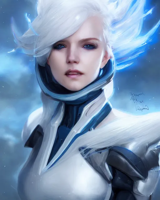 Prompt: perfect white haired girl, warframe armor, beautiful, pretty face, blue eyes, detailed, windy weather, scifi, smiling, platform, laboratory, experiment, 4 k, ultra realistic, epic lighting, glow, high detail, masterpiece, by akihito tsukushi, charlie bowater, ross tran