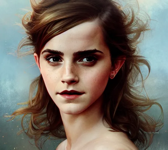 Image similar to photography emma watson with hands - up and hairy armpits, deep focus, intricate, elegant, highly detailed, digital painting, artstation, concept art, matte, sharp focus, illustration, art by artgerm and greg rutkowski and alphonse mucha and gil elvgren