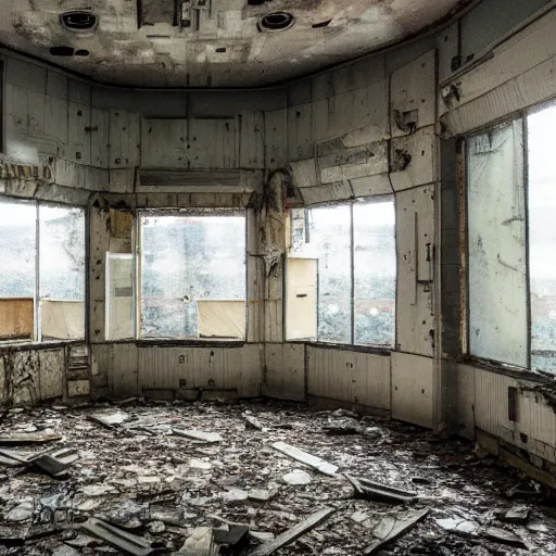 Image similar to the interior of an abandoned space station with windows into space