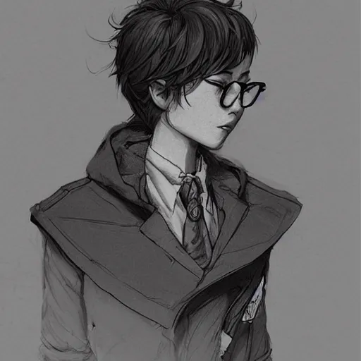 Prompt: artstation, concept art, style kim jung gi, face, female, human, brown suit vest, longcoat, glasses, short hair, front view, highly detailed, digital art, boy hair