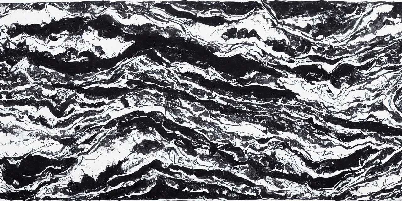 Image similar to laurentian appalachian mountains during winter, semiabstract black ink landscape artwork