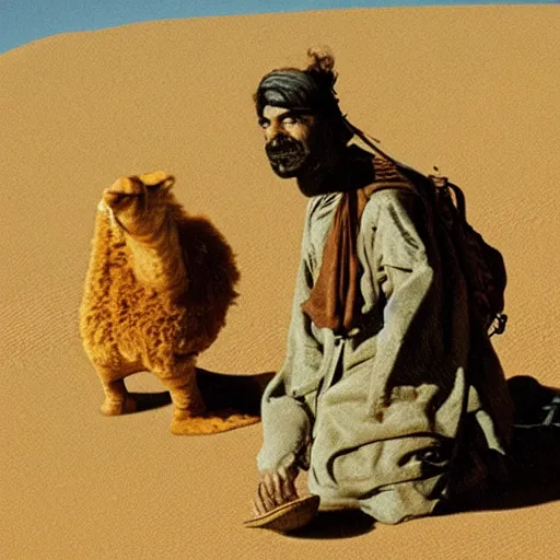 Prompt: garfield dressed as a desert nomad near a camel, looking at the moon with a sad face