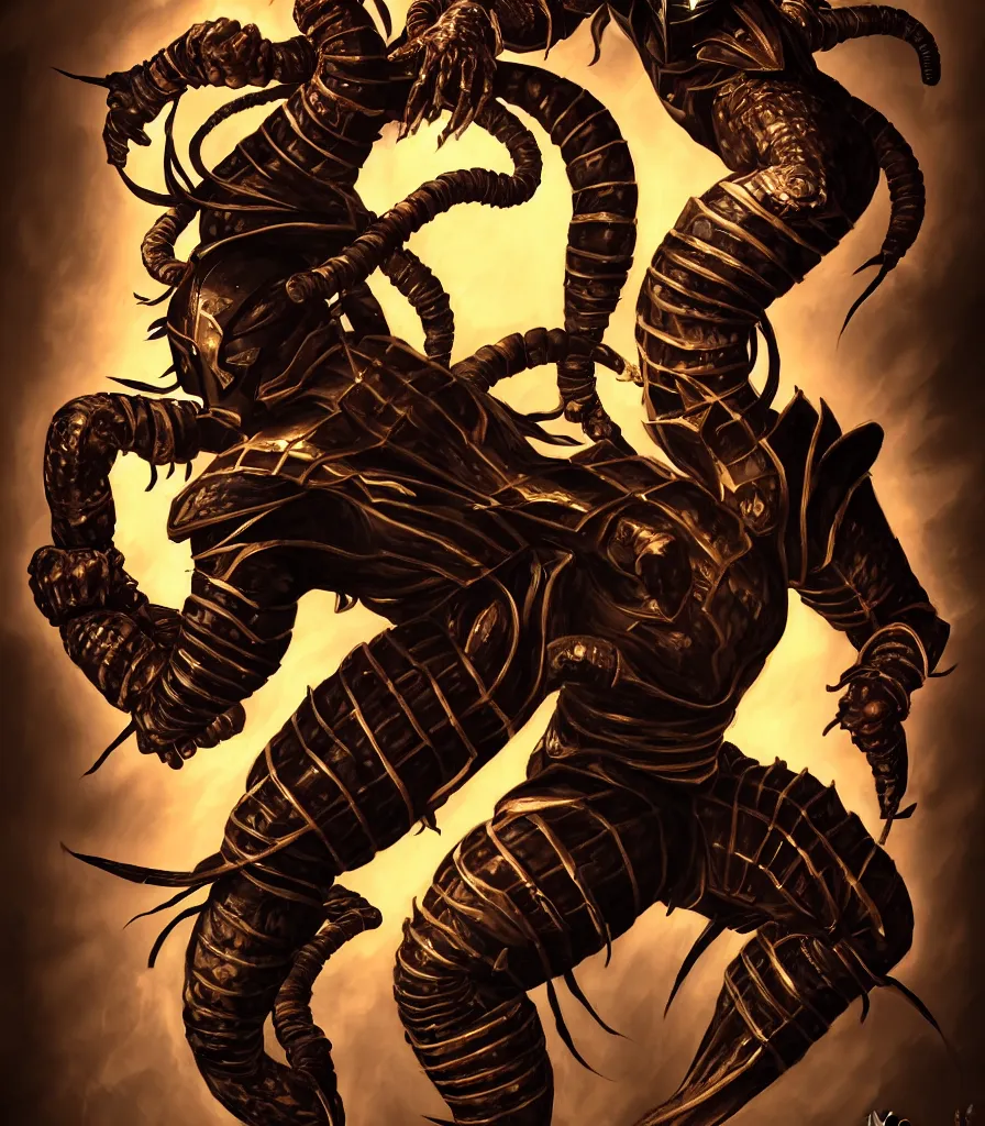 Image similar to portrait of hanzo hasashi scorpion from mortal kombat in the gates of a portal, full body shot, camera pulled back far, highly detailed dramatic lighting, artstation, atmospheric perspective, artgerm, mk ninja, epic ninja suit, intense contrast, 3 light sources, by lee bermejo, alphonse mucha and greg rutkowski