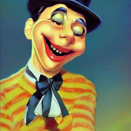 Image similar to a smiling mime, portrait, digital art, trending on artstation, vintage, retrofuturism, art by marc davis, marc davis artwork, poster