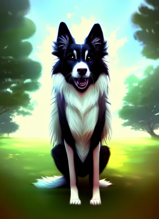 Prompt: wide angle beautiful full body portrait of a cute male bipedal anthro border collie fursona posing in front of a park, character design by charlie bowater, henry asencio, and ross tran, furry art, furaffinity, beautiful, glamor pose, detailed, aesthetic, trending on artstation